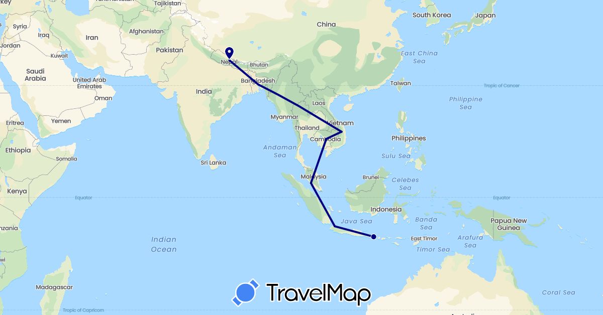 TravelMap itinerary: driving in Bangladesh, Indonesia, Cambodia, Malaysia, Nepal, Vietnam (Asia)